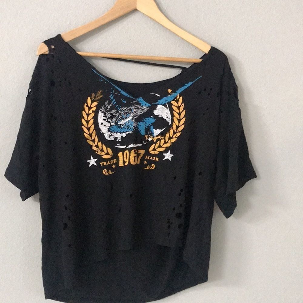 Plunging Choker Neck Drop Shoulder Distressed 1967 Graphic Tee - Picture 2 of 5